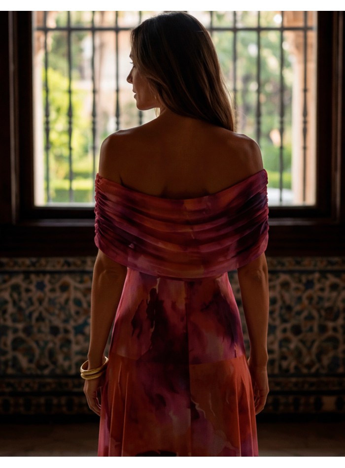 Robe midi imprimée orange et violette avec...