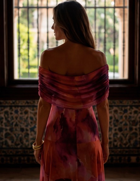 Vestido midi estampado naranja y morado con escote multiposición