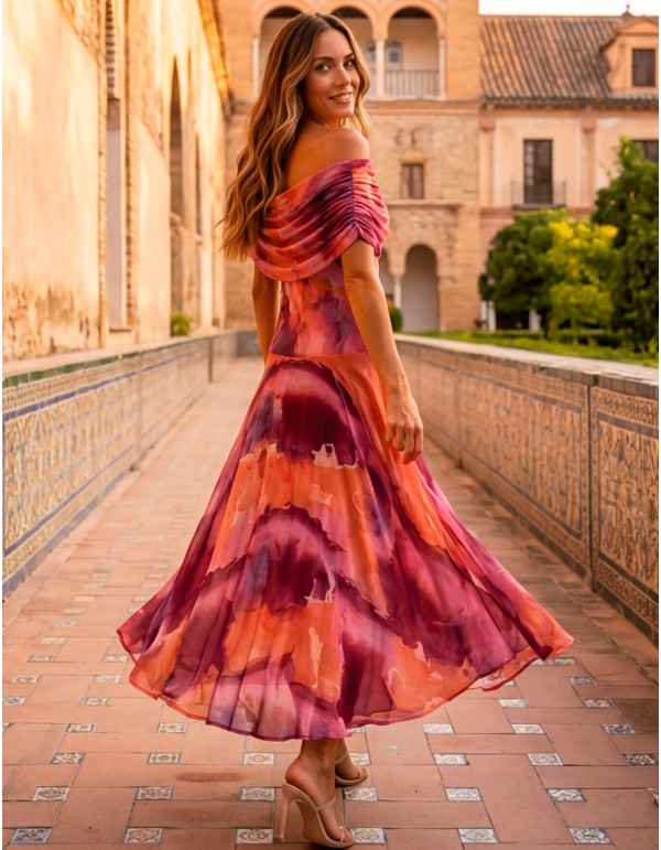 Robe midi imprimée orange et violette avec encolure multipositions