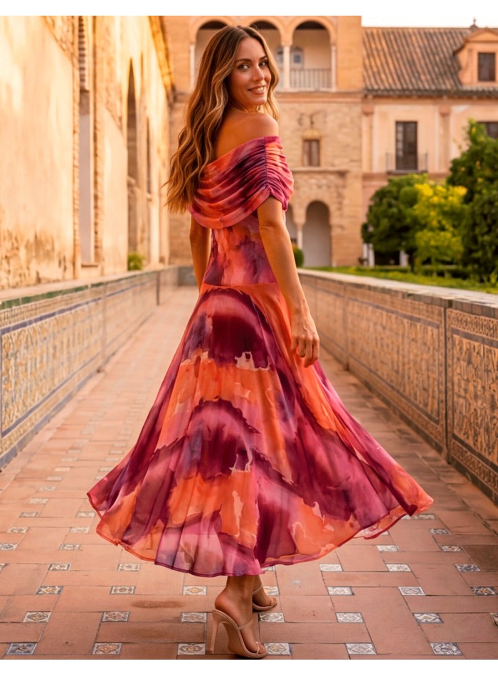 Vestido midi estampado naranja y morado con escote multiposición