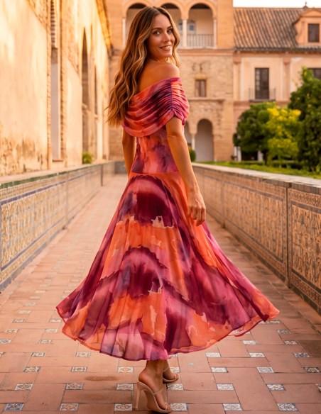 Orange and purple printed midi dress with multiposition neckline