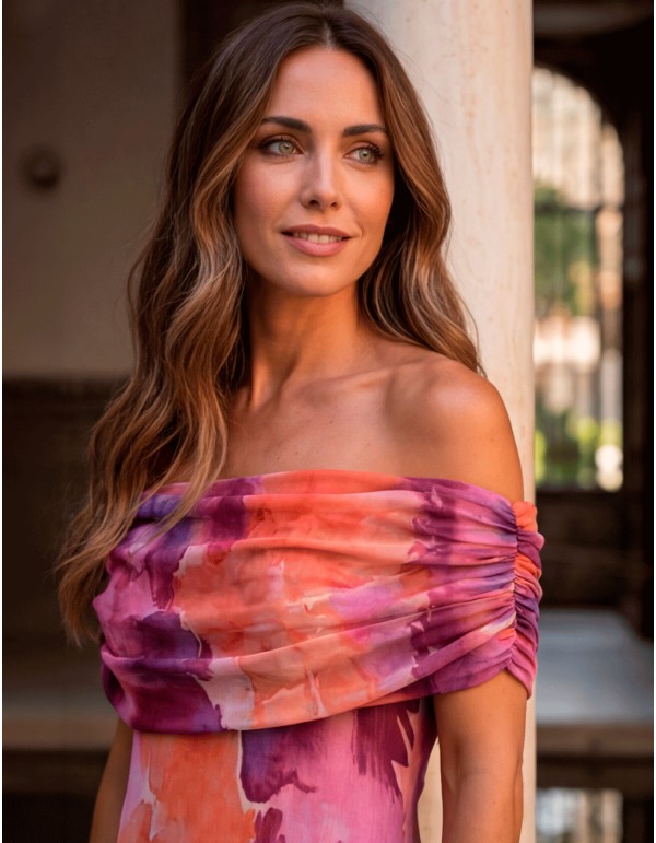 Orange and purple printed midi dress with multiposition neckline 2