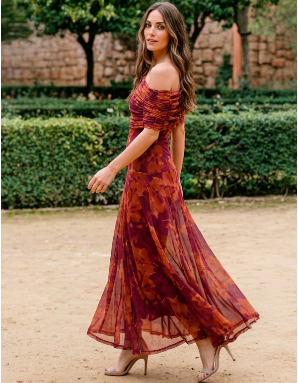 Vestido midi terracota con escote multiposición para invitadas