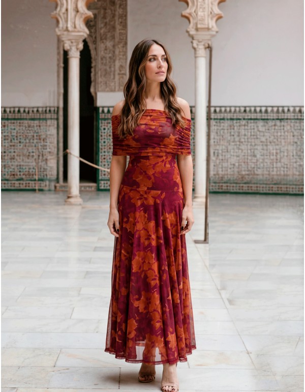 Terracotta midi dress with multiposition neckline for guests 2