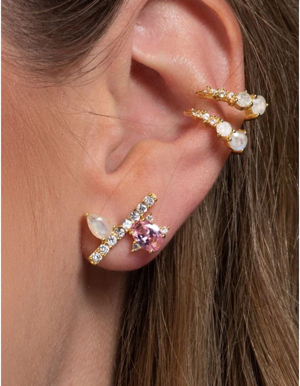 Gold plated button earrings with natural pink stones