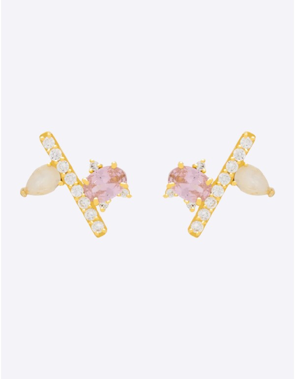 Gold plated button earrings with natural pink stones 2