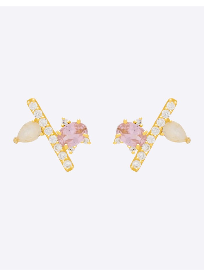 Gold plated button earrings with natural pink...