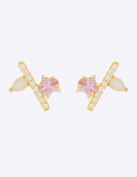Gold plated button earrings with natural pink stones