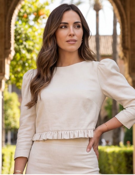 Ivory set with puffed sleeves top and skirt for guest