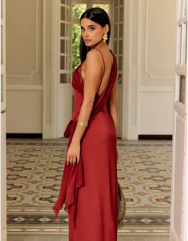 Terracotta long dress with chiffon draping and open back 2