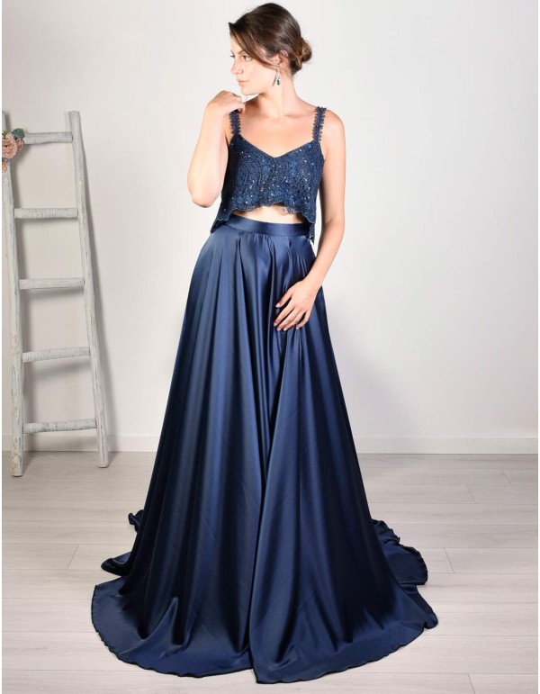 Navy Satin long skirt with a fitted hemline