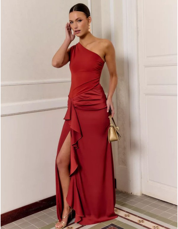 Caldera color long dress with asymmetric draping and ruffles