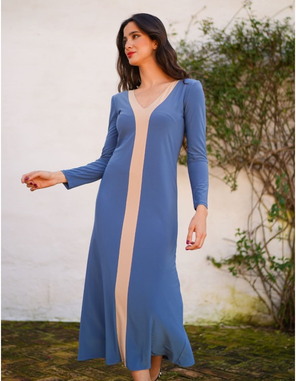 Vestido midi azul con detalles blancos y escote en pico... 2