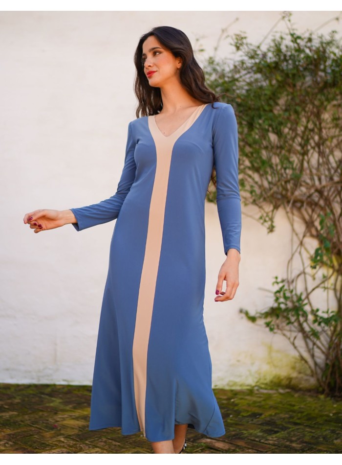 Blue midi dress with white details and...