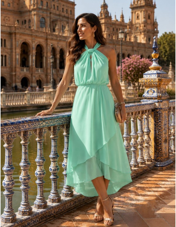 Vestido midi de gasa con cuello halter y falda con volantes