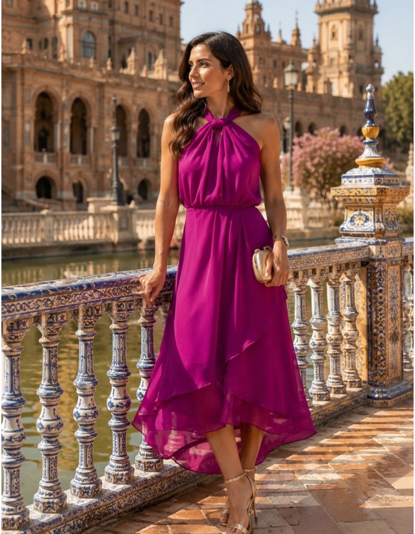 Robe midi en mousseline avec col licou et jupe à volants 2