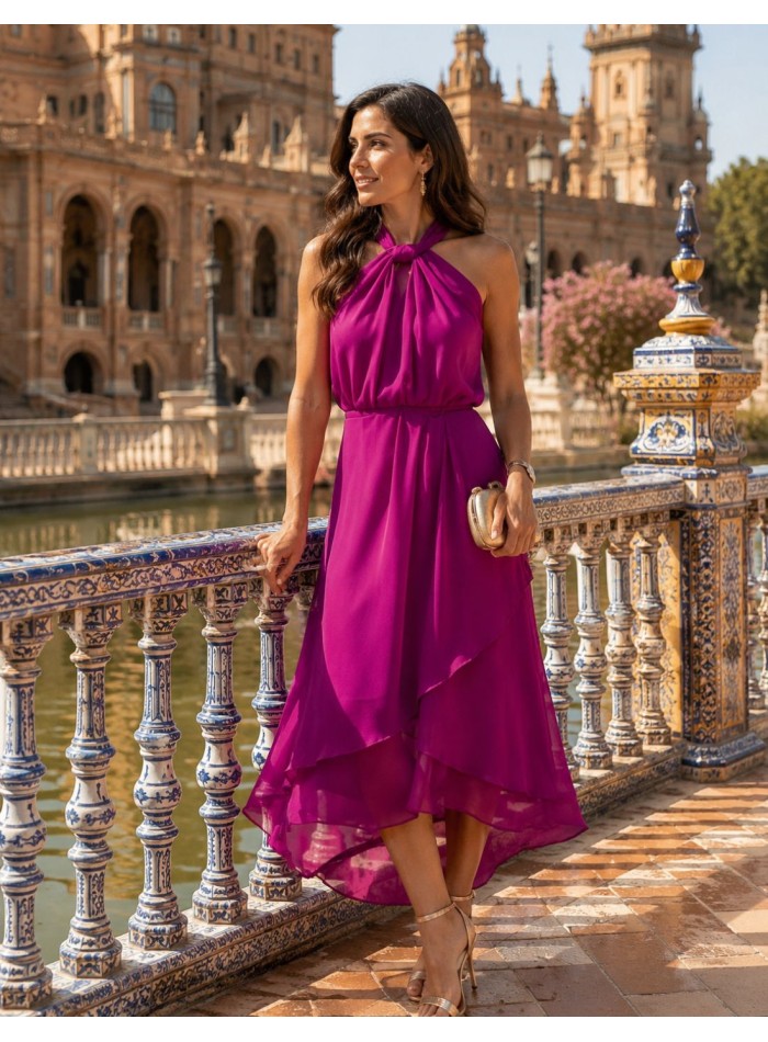 Robe midi en mousseline avec col licou et jupe...