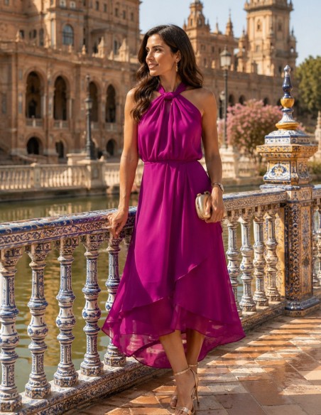 Robe midi en mousseline avec col licou et jupe à volants
