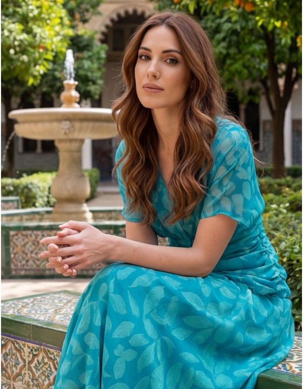 Vestido midi floral turquesa y aguamarina con drapeado en... 2