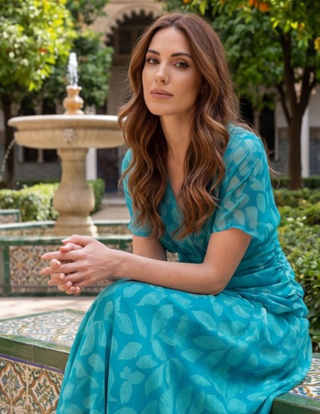 Vestido midi floral turquesa y aguamarina con drapeado en cintura