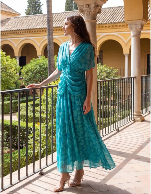 Vestido midi floral turquesa y aguamarina con drapeado en...