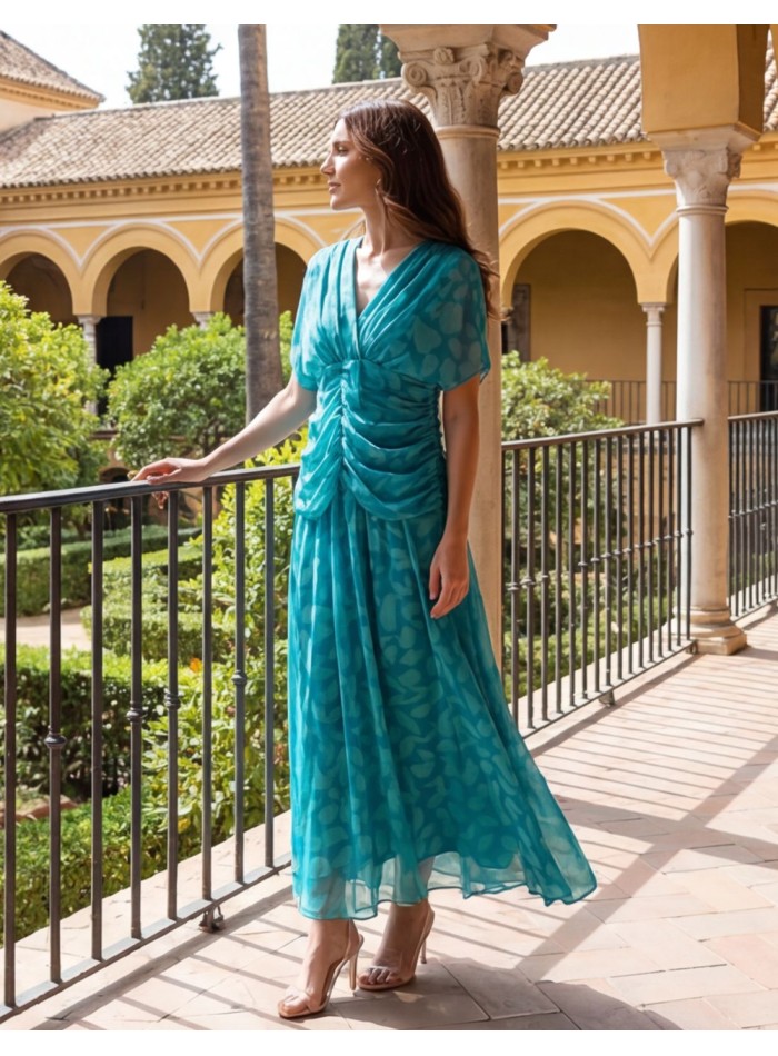 Robe midi à fleurs turquoise et aigue-marine...