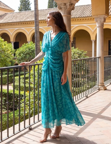 Vestido midi floral turquesa y aguamarina con drapeado en cintura