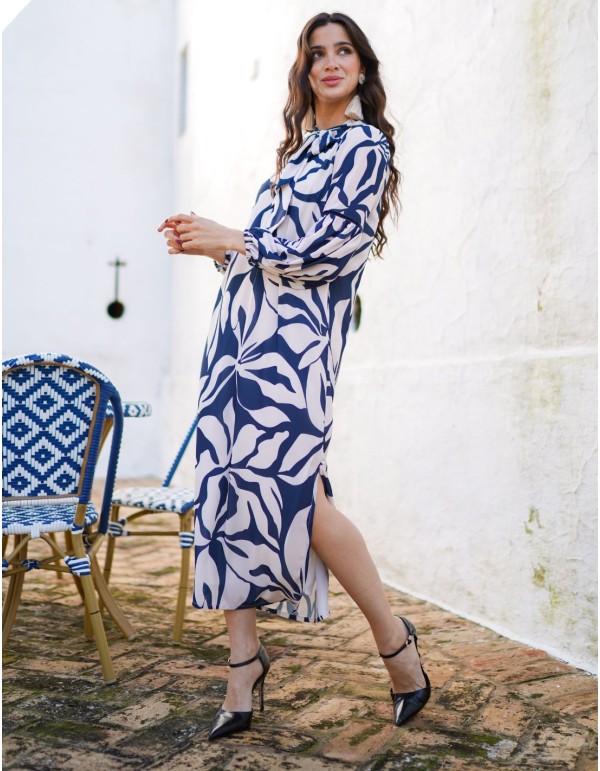 Printed chiffon midi dress with puffed sleeves 2