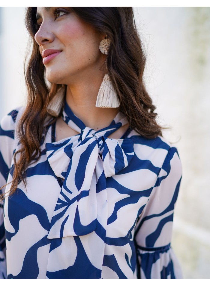 Printed chiffon midi dress with puffed sleeves