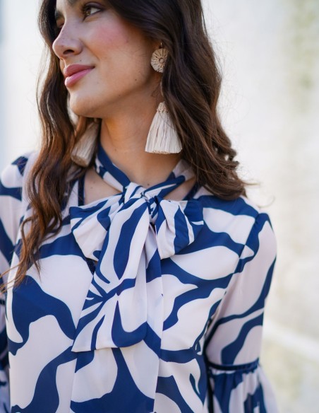 Vestido midi estampado de gasa con mangas abullonadas