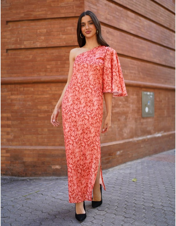Vestido midi coral estampado con escote asimétrico para...