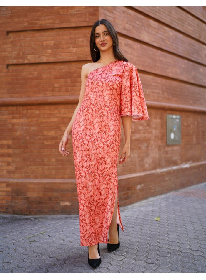 Vestido midi coral estampado con escote...
