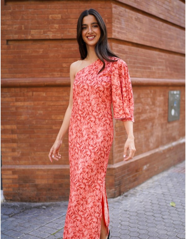 Vestido midi coral estampado con escote asimétrico para... 2