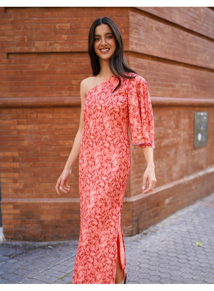 Vestido midi coral estampado con escote...