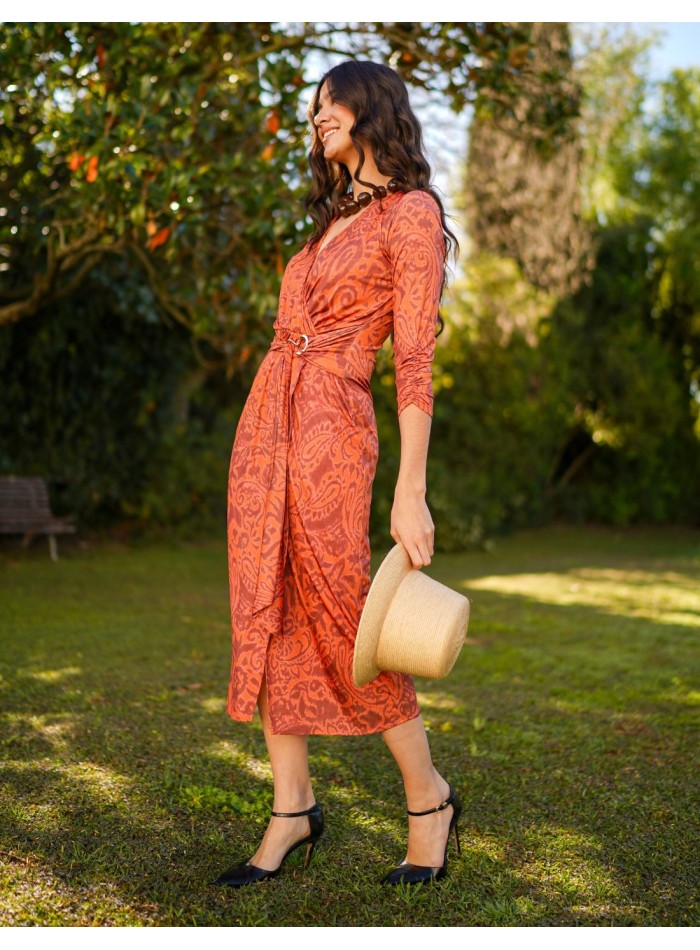 Tile printed midi dress with detail at the waist