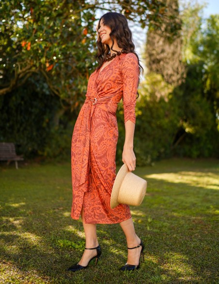 Tile printed midi dress with detail at the waist