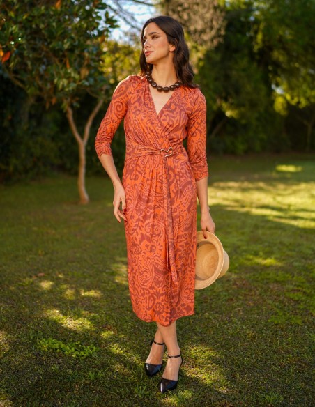 Tile printed midi dress with detail at the waist