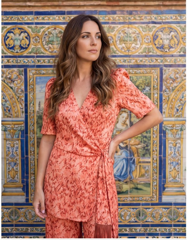 Printed coral jacket suit with fringed belt 2