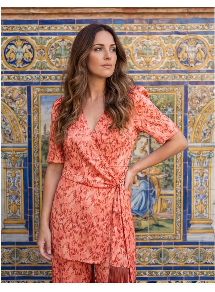 Printed coral jacket suit with fringed belt