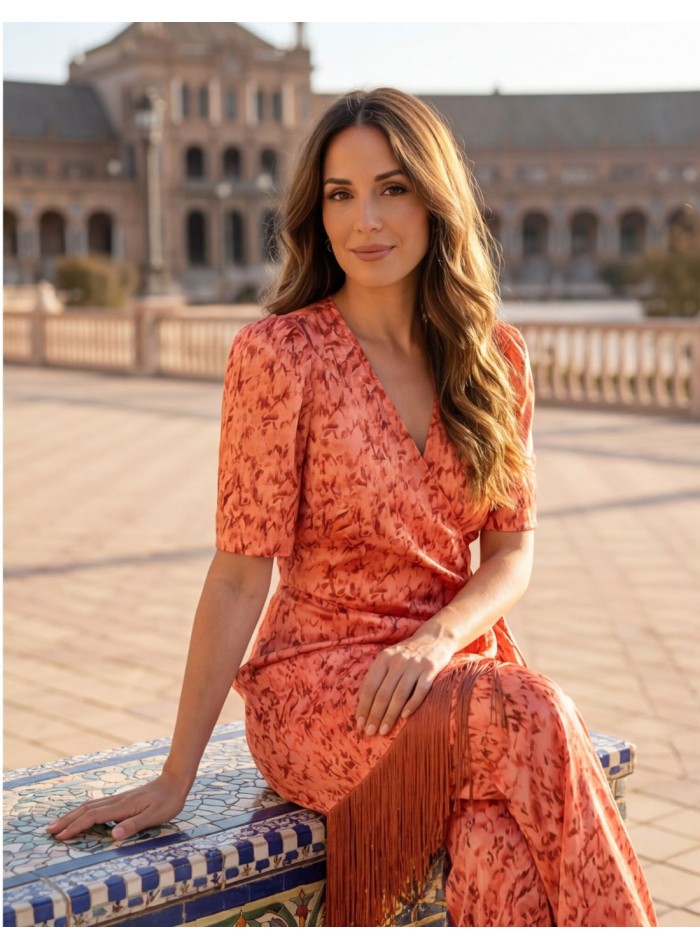 Printed coral jacket suit with fringed belt