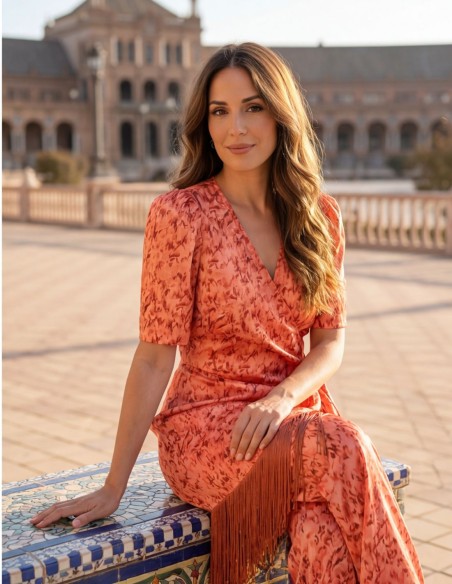 Costume veste corail imprimé avec ceinture frangée