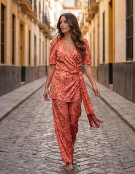 Printed coral jacket suit with fringed belt