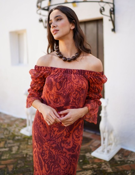 Vestido midi de gasa estampado con escote palabra de honor