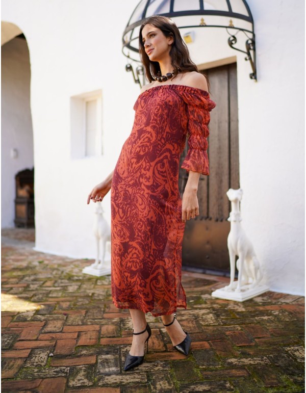 Vestido midi de gasa estampado con escote palabra de honor