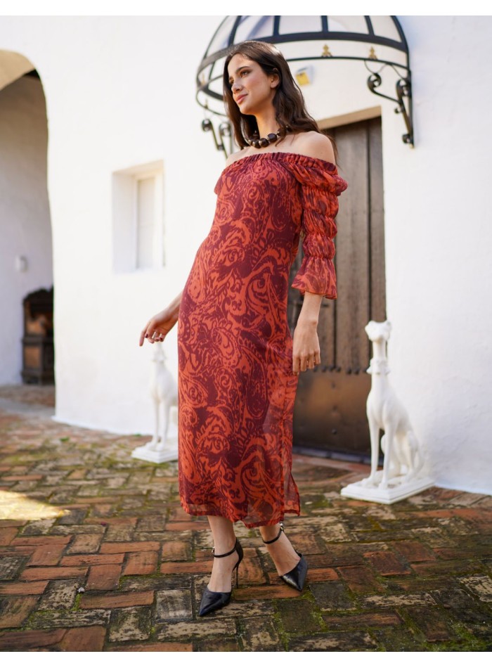 Vestido midi de gasa estampado con escote palabra de honor