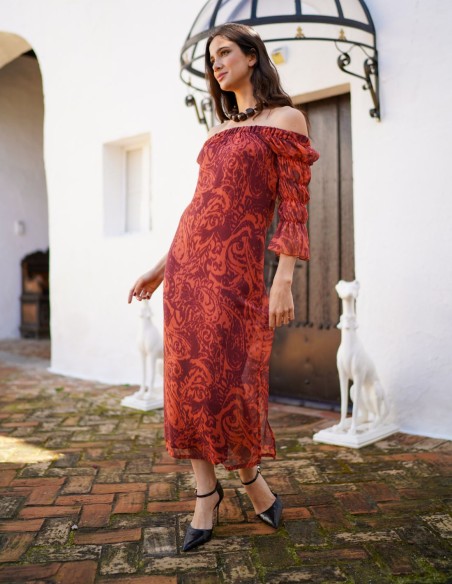 Printed chiffon midi dress with strapless neckline
