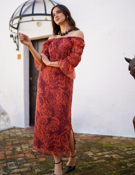 Robe midi en mousseline de soie imprimée avec encolure sans bretelles