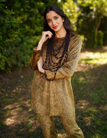 Printed velvet blouse and pants set