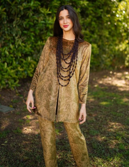 Printed velvet blouse and pants set