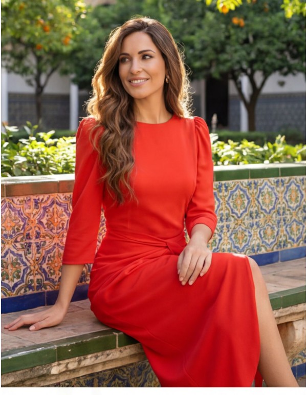 Vestido midi rojo con detalle de nudo para invitada 2
